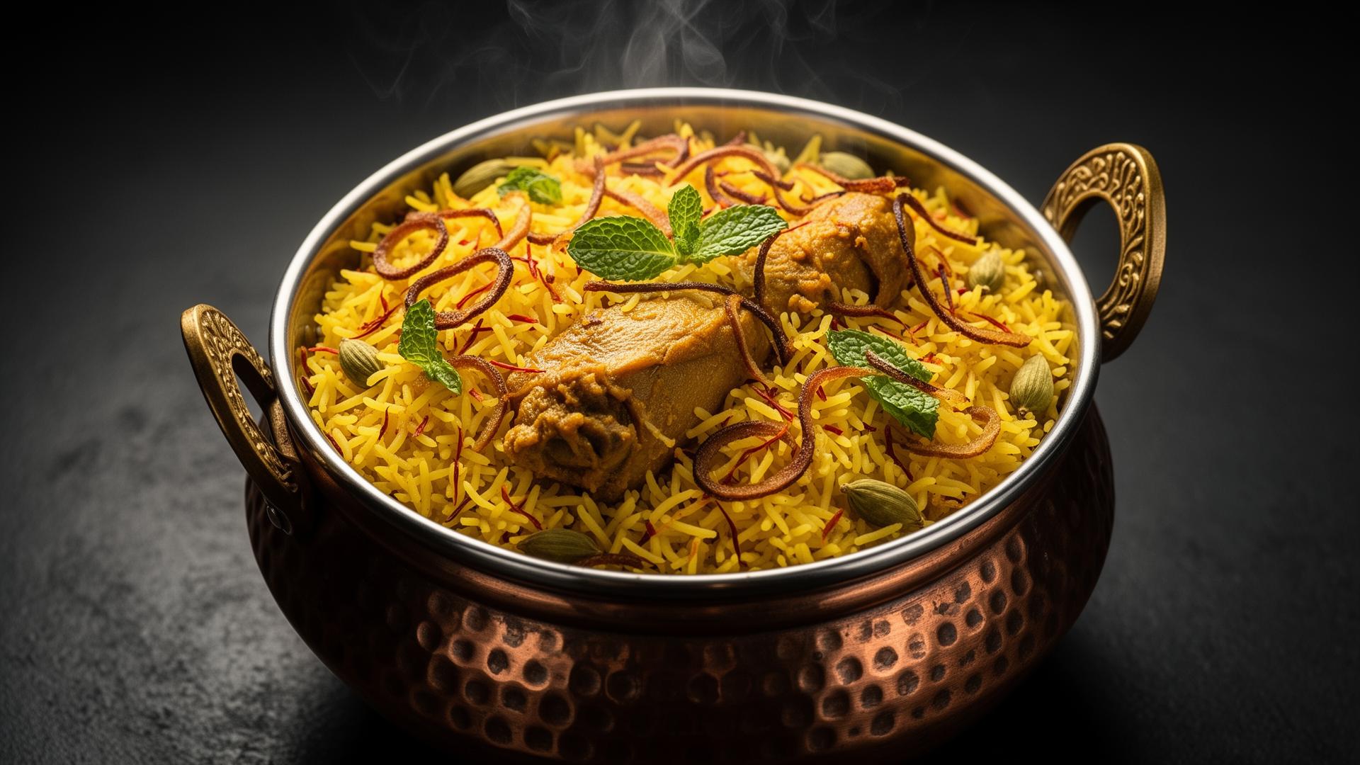 Premium chicken biryani in copper pot with rising steam
